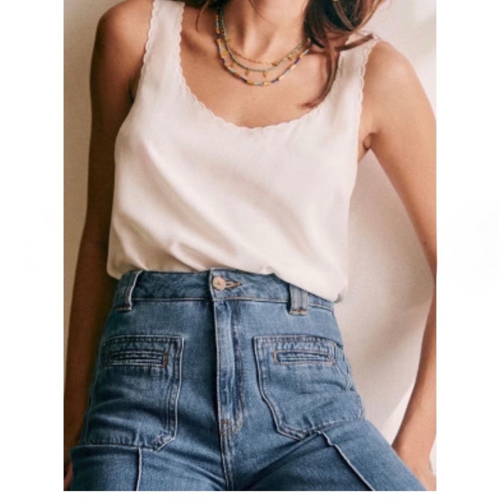 Sezane size 34 silk white tank with scalloped trim